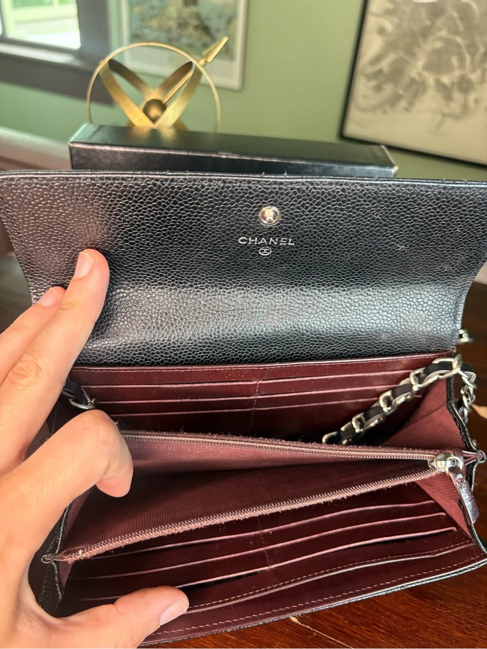 CHANEL Black Quilted Silver Hardware Wallet with Added Chain
